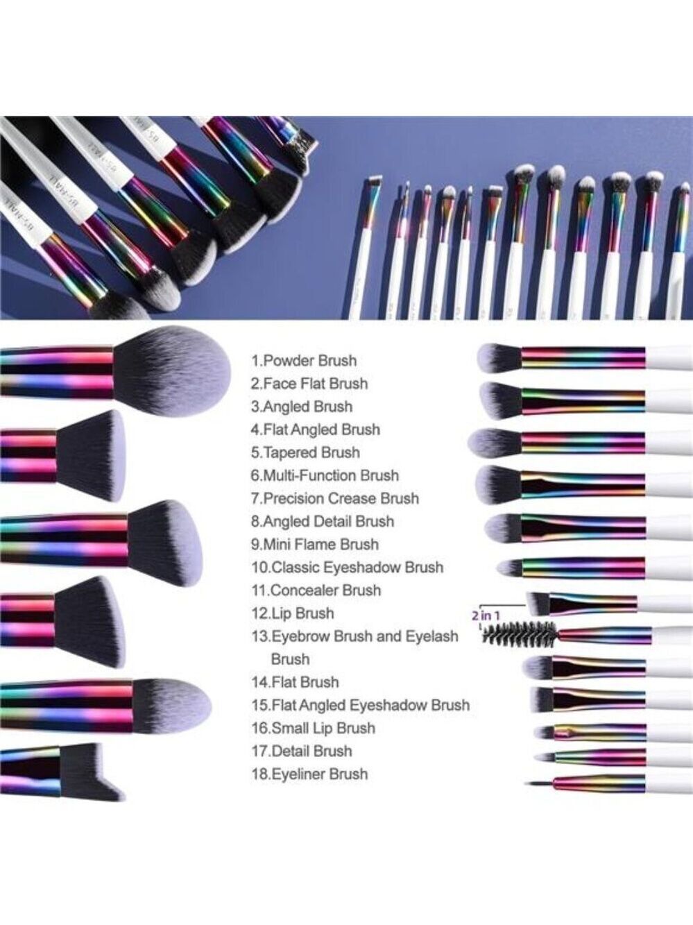 Makeup Rainbow Brush Set 18 Pcs Premium Synthetic Foundation Powder Concealers - Picture 4 of 6